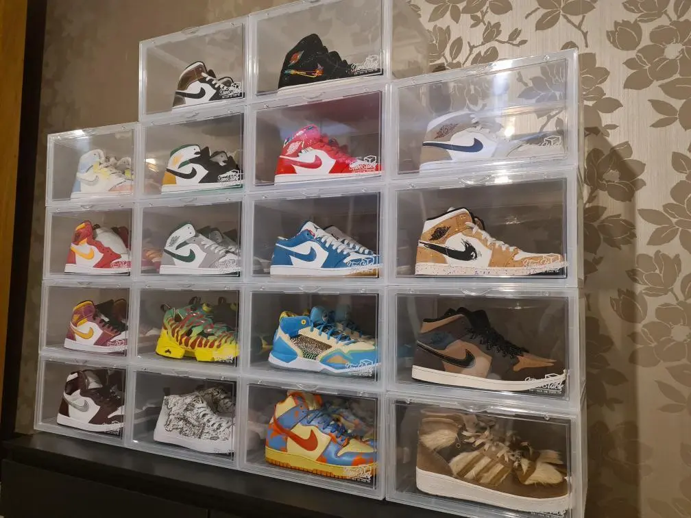 clear shoe boxes stacked up